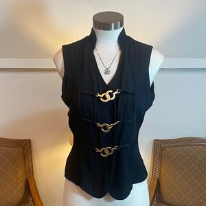 Vintage 90s MAREN Black Sleeveless Top Vest Gold Buckle Size S/M 80s Power Glam